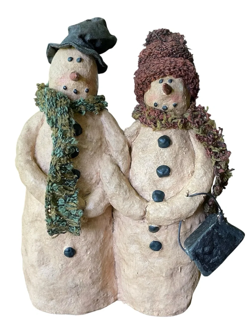 Rustic Holiday Decor Primitive Folk Art Snowman Couple Knit Hat Scarf Christmas